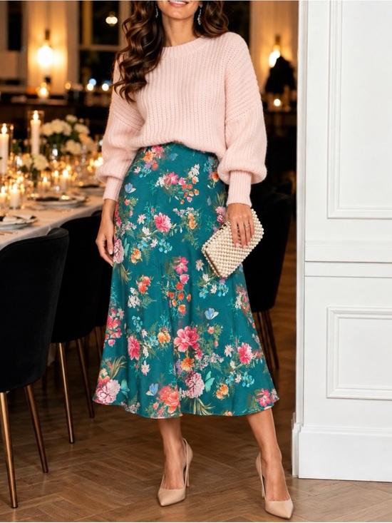Vince Camuto Dresses & Skirts - Vince Camuto Floral A-Line Midi Skirt M Teal Blue Silky Feel